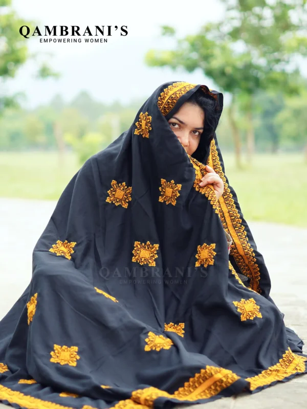 Handmade Balochi Shawl Chadar  – Black with Yellow Embroidery - Image 2