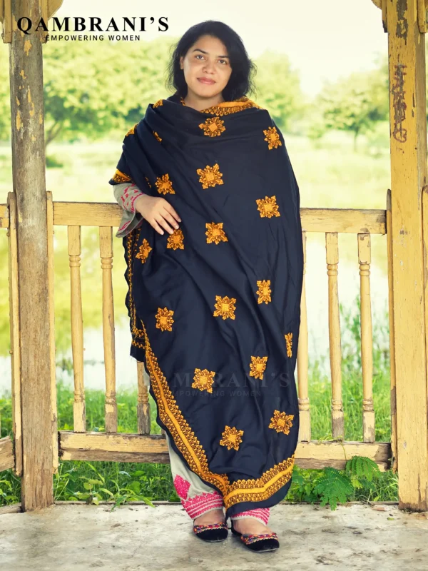 Handmade Balochi Shawl Chadar  – Black with Yellow Embroidery
