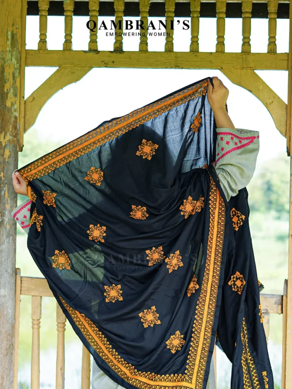 Handmade Balochi Shawl Chadar  – Black with Yellow Embroidery - Image 3
