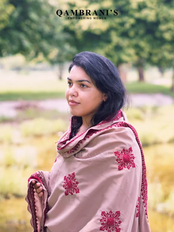 Handmade Balochi Shawl Chadar  – Beige Febric with Magenta Embroidery - Image 2