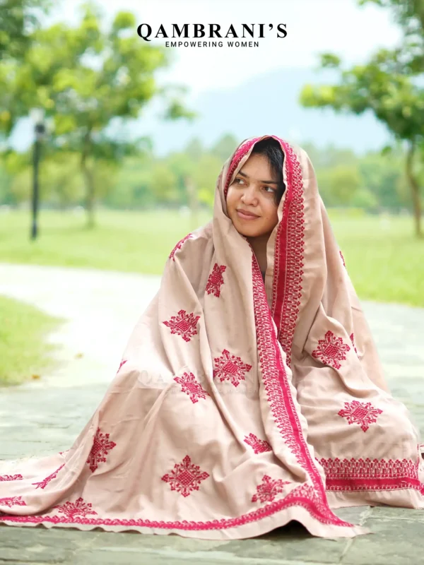 Handmade Balochi Shawl Chadar  – Beige Febric with Magenta Embroidery