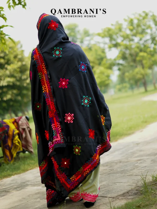 Handmade Balochi Shawl Chadar  – Black with Colourful Embroidery - Image 2