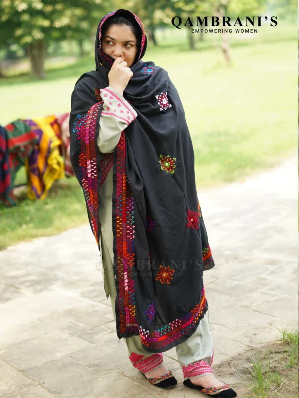 Handmade Balochi Shawl Chadar  – Black with Colourful Embroidery - Image 3
