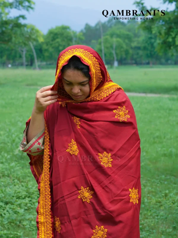 Handmade Balochi Shawl Chadar  – Deep Maroon with Yellow Embroidery - Image 3