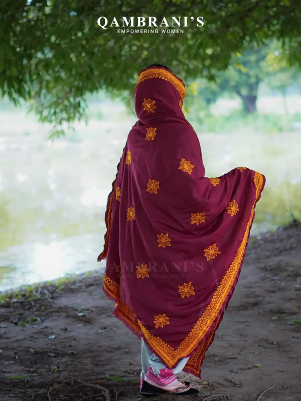 Handmade Balochi Shawl Chadar  – Deep Maroon with Yellow Embroidery - Image 4