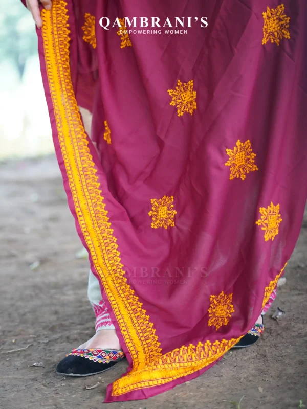 Handmade Balochi Shawl Chadar  – Deep Maroon with Yellow Embroidery