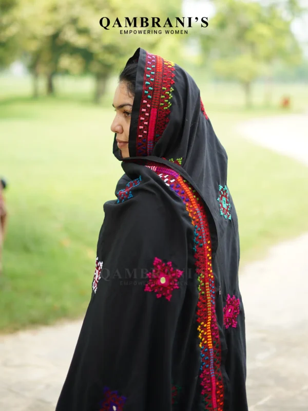 Handmade Balochi Shawl Chadar  – Black with Colourful Embroidery