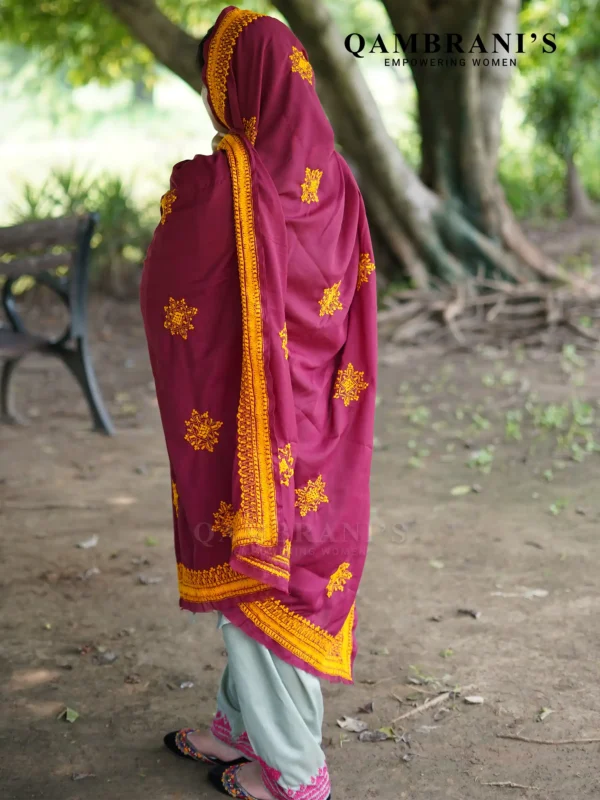 Handmade Balochi Shawl Chadar  – Deep Maroon with Yellow Embroidery - Image 2