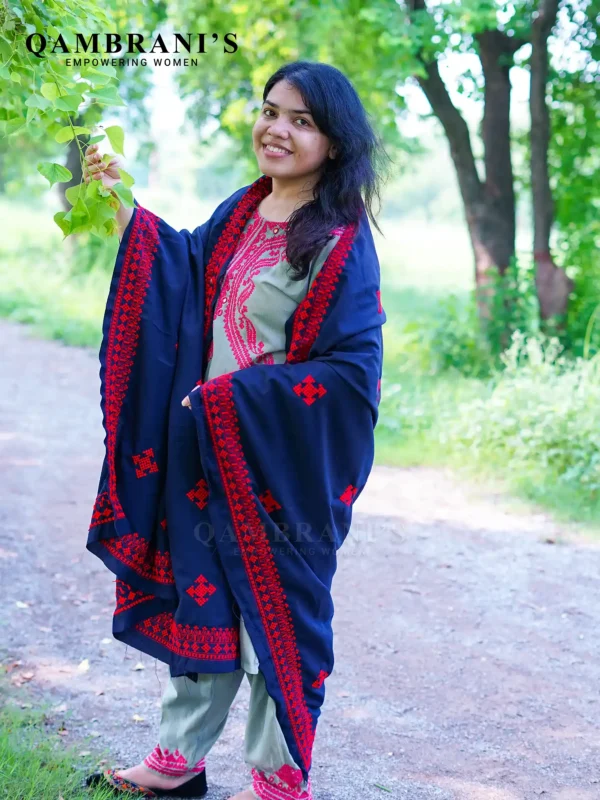 Handmade Balochi Shawl Chadar  – Blue with Red Embroidery - Image 2