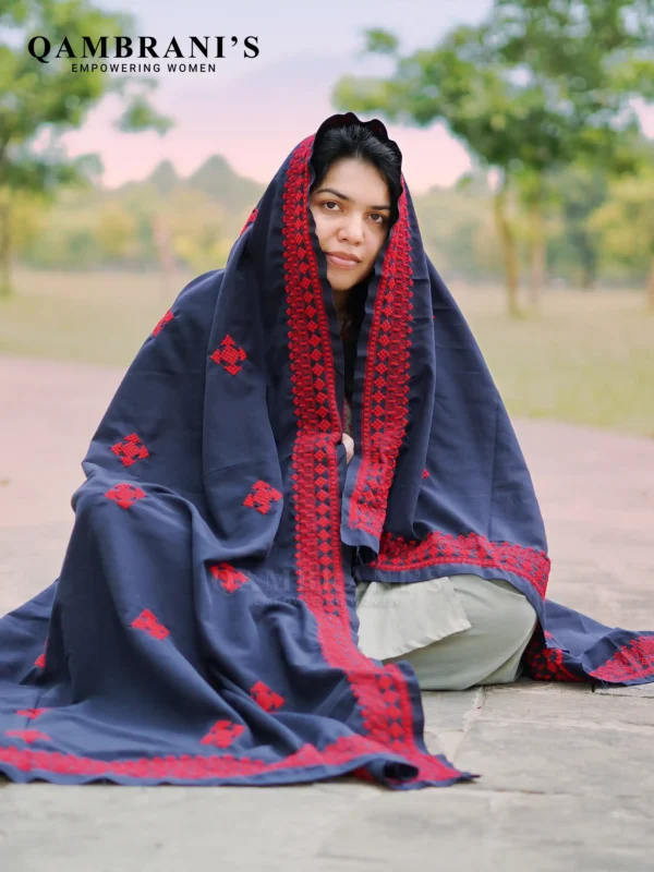 Handmade Balochi Shawl Chadar  – Blue with Red Embroidery - Image 3