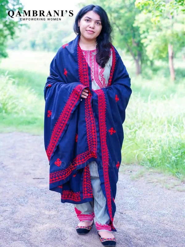 Handmade Balochi Shawl Chadar  – Blue with Red Embroidery