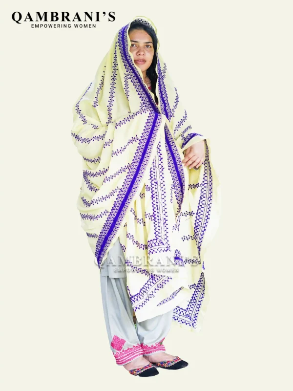 Handmade Balochi Shawl Chadar  – Cream with Purple Embroidery - Image 4