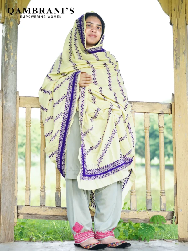 Handmade Balochi Shawl Chadar  – Cream with Purple Embroidery