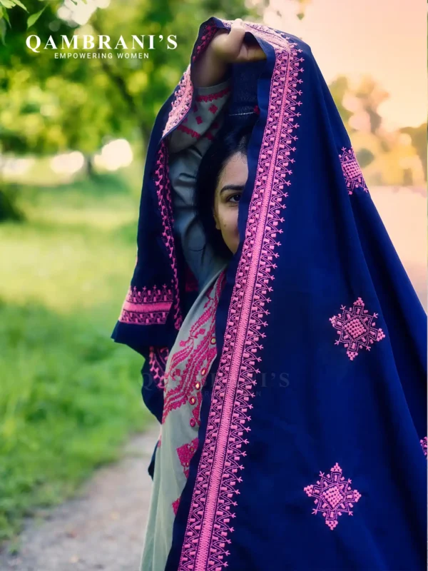 Premium Quality Handmade Balochi Chadar / Shawl –  Dark Blue Fabric with Light Pink Embroidery