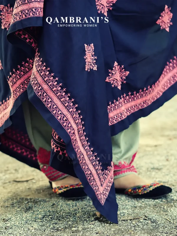 Premium Quality Handmade Balochi Chadar / Shawl –  Dark Blue Fabric with Light Pink Embroidery - Image 3