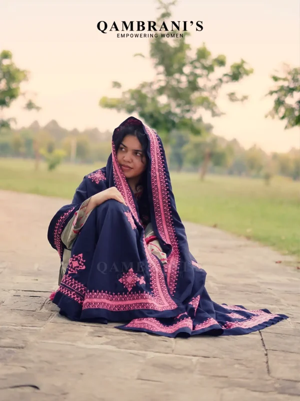Premium Quality Handmade Balochi Chadar / Shawl –  Dark Blue Fabric with Light Pink Embroidery - Image 2