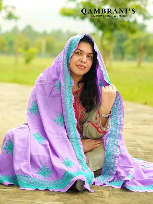 Handmade Balochi Shawl Chadar  – Lavender with Emerald Green Embroidery