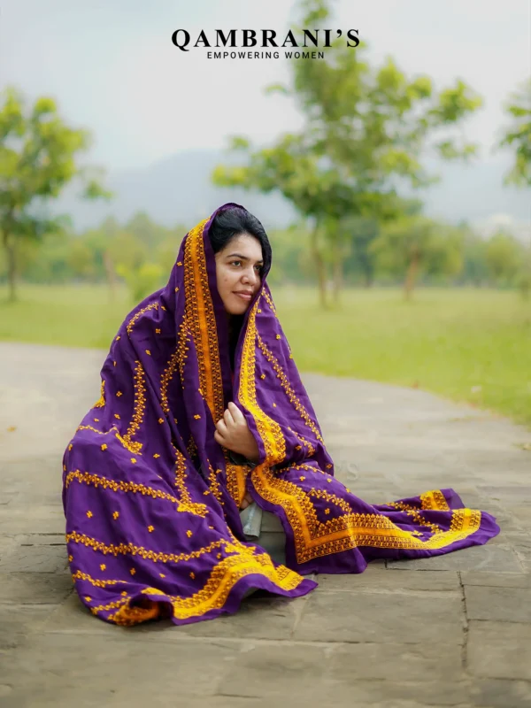 Handmade Balochi Shawl Chadar  – Royal Purple with Golden Yellow Embroidery - Image 2