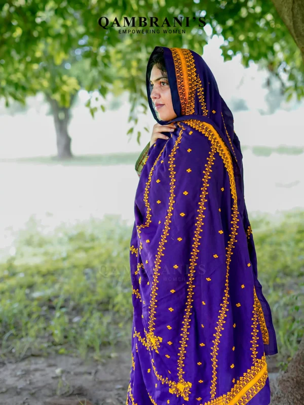 Handmade Balochi Shawl Chadar  – Royal Purple with Golden Yellow Embroidery