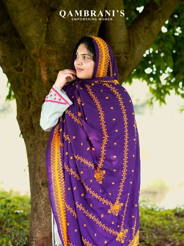 Handmade Balochi Shawl Chadar  – Royal Purple with Golden Yellow Embroidery - Image 3