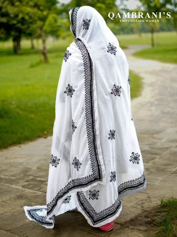 Handmade Balochi Shawl Chadar  – White with Black Embroidery - Image 2