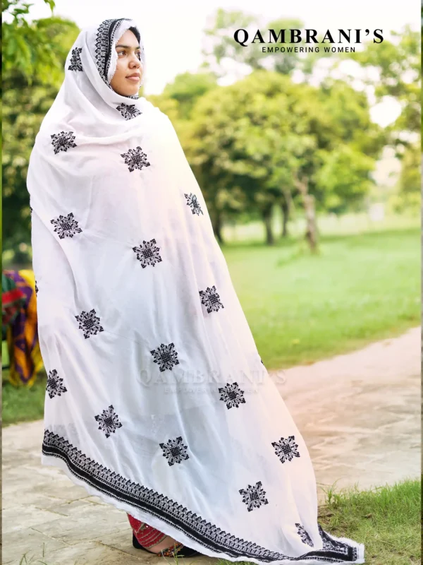 Handmade Balochi Shawl Chadar  – White with Black Embroidery