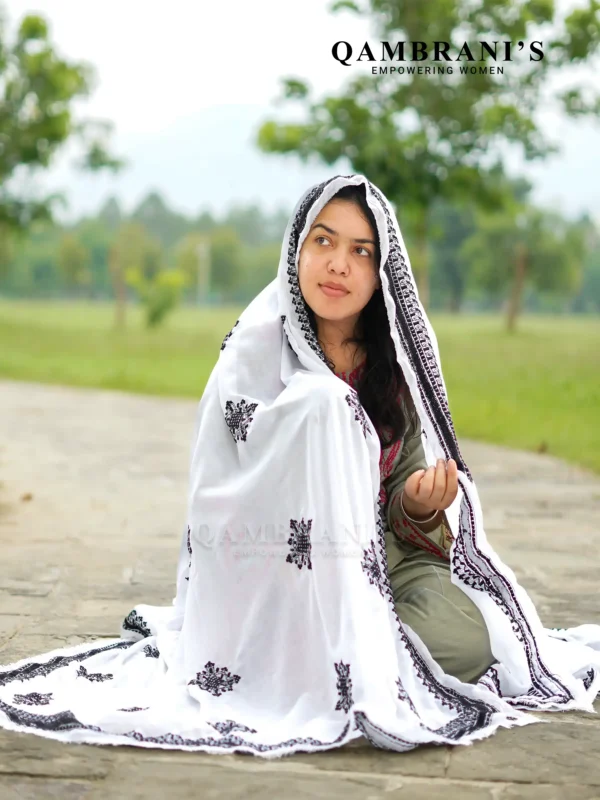 Handmade Balochi Shawl Chadar  – White with Black Embroidery - Image 3