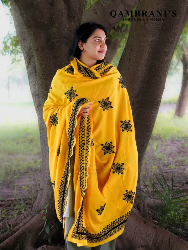 Handmade Balochi Shawl Chadar  – Golden Yellow Febric with Black Embroidery