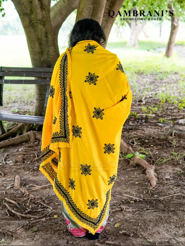 Handmade Balochi Shawl Chadar  – Golden Yellow Febric with Black Embroidery - Image 2