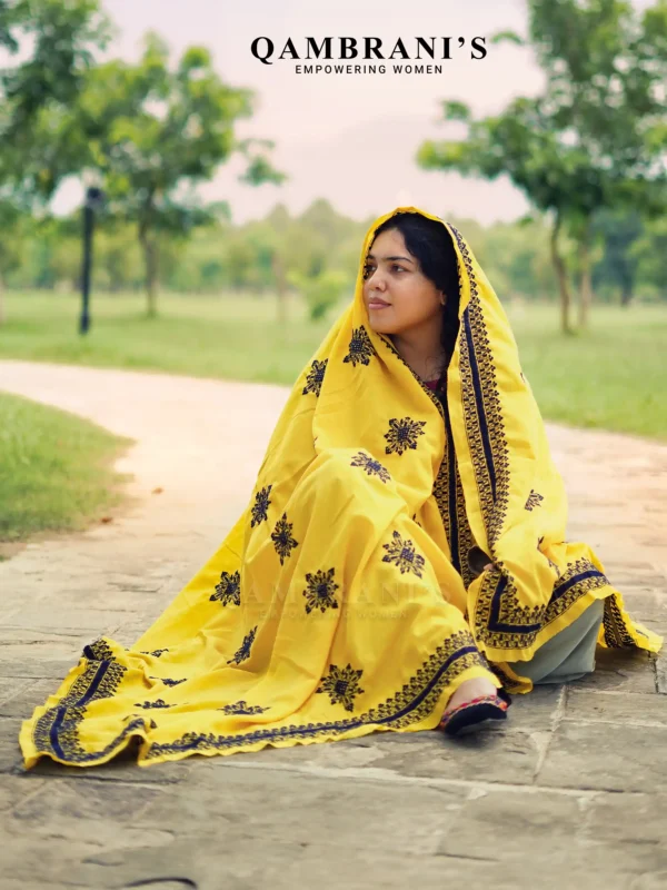 Handmade Balochi Shawl Chadar  – Golden Yellow Febric with Black Embroidery - Image 3
