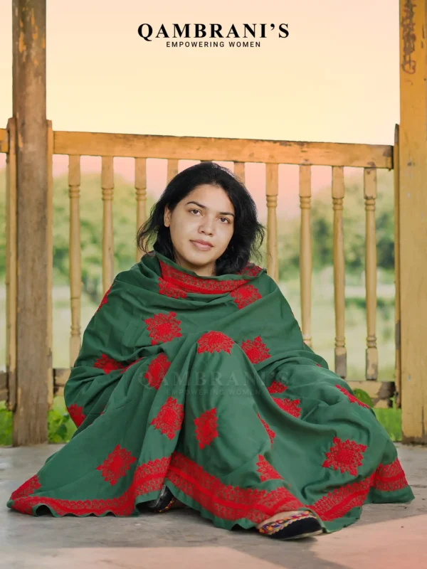 Handmade Balochi Shawl Chadar  – Green with Red Embroidery - Image 2
