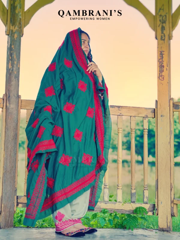 Handmade Balochi Shawl Chadar  – Green with Red Embroidery