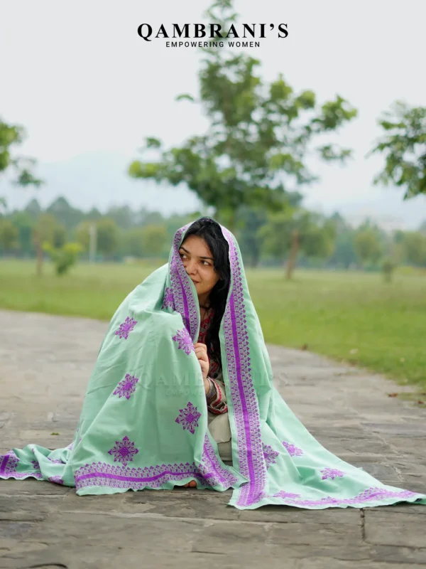 Handmade Balochi Shawl Chadar  – Mint Green with Voilet Embroidery