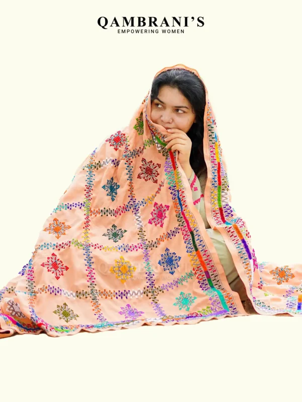 Handmade Balochi Shawl Chadar  – Peach with Colourful Embroidery