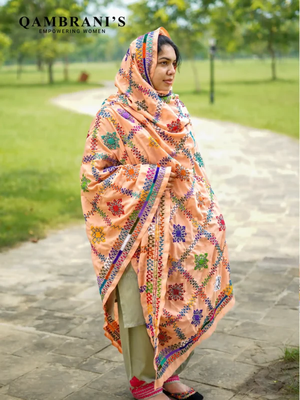 Handmade Balochi Shawl Chadar  – Peach with Colourful Embroidery - Image 3