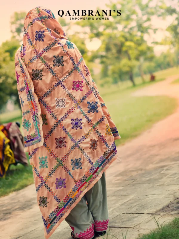 Handmade Balochi Shawl Chadar  – Peach with Colourful Embroidery - Image 2