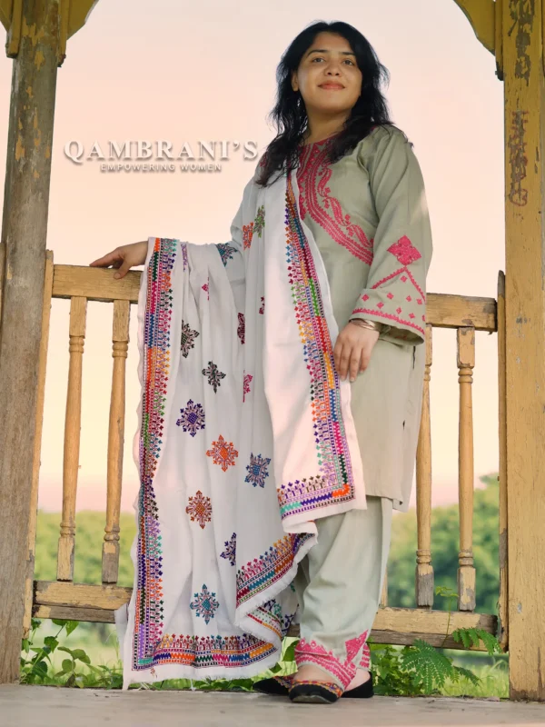 Handmade Balochi Shawl Chadar  – White with Colorful Embroidery - Image 3