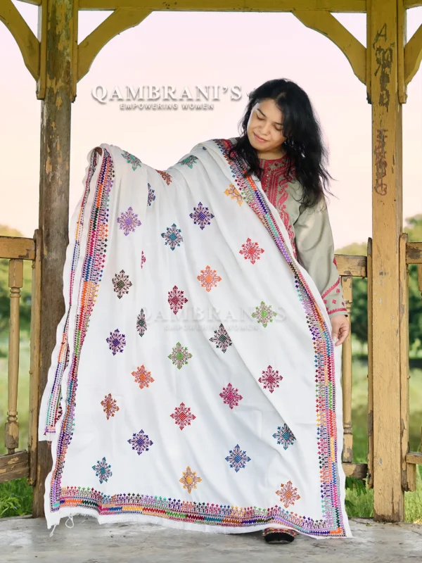 Handmade Balochi Shawl Chadar  – White with Colorful Embroidery