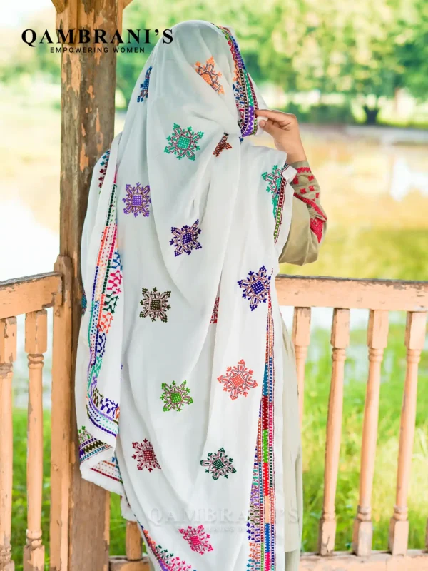 Handmade Balochi Shawl Chadar  – White with Colorful Embroidery - Image 2